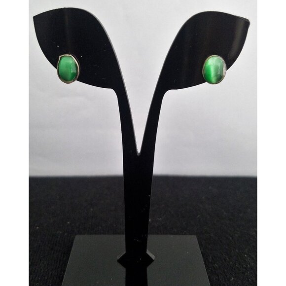 DARK GREEN CAT'S EYE Star Quartz sterling silver EARRINGS 6x8mm artisan 925 - Picture 3 of 9